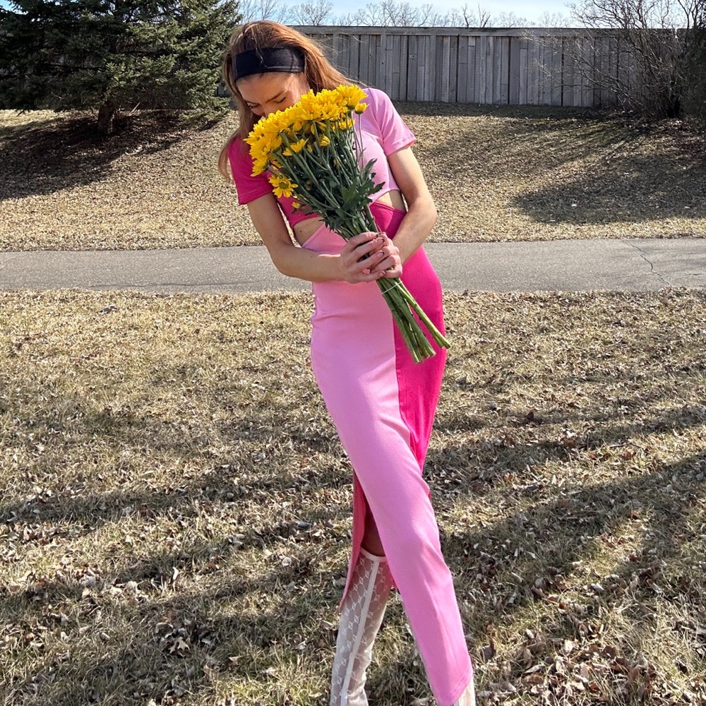 Pink Color Block Cut-out Maxi Dress